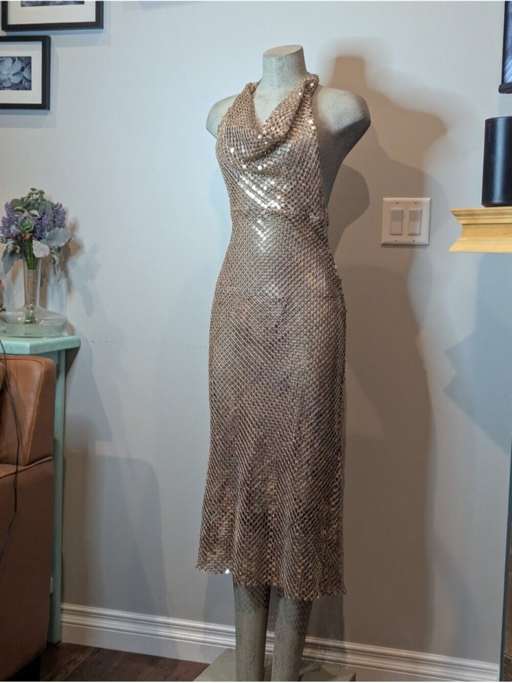 ZARA Gold Sequin Mesh Halter cowl neck open back Midi Maxi Dress EUC Size XS - Picture 5 of 16